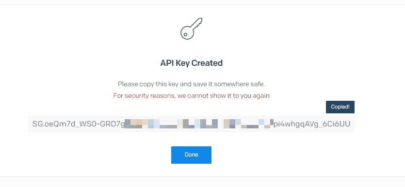 API key đã được tạo bởi sendgrid
